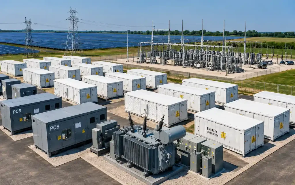 Utility-scale battery energy storage system (BESS) facility with battery containers, transformers, substations, and power infrastructure supporting renewable energy integration and grid stability.